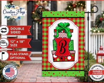 Personalized Christmas Present Garden Flag, Custom Initial Holiday Flag, Red & Green Buffalo Plaid Gift Flag, Double Sided 12x18 Yard Flag
