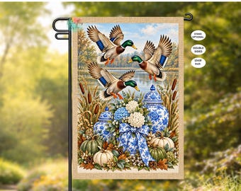Blue Chinoiserie Hunting Flag,  Double Sided Fall Flags , Autumn Harvest Garden Flag , Pumpkin Flag