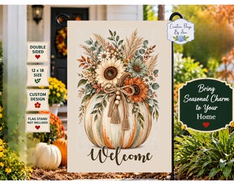 Fall Garden Flag, Pumpkin Sunflower Garden Flag, Autumn Welcome Flag, Rustic Farmhouse Fall Decor, 12x18 Double Sided Yard Flag, Boho fall