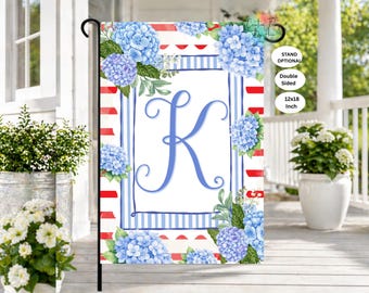 Personalized Patriotic Blue Hydrangea Monogram Garden Flag, Custom Initial Flag, Red White Blue Summer Porch Decor, 12x18 Double Sided