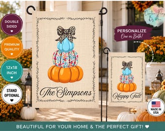 Personalized Fall Pumpkin Garden Flag, Faux Burlap Autumn Welcome Flag, Custom Name Flag, Blue Pumpkin , Porch Decor, Double Sided 12x18