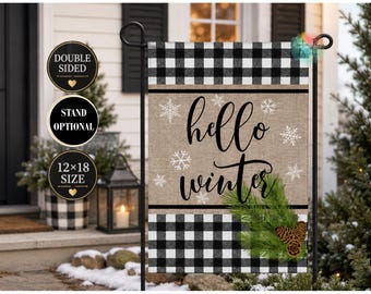 Hello Winter Garden Flag, Buffalo Plaid Winter Flag, Rustic Burlap Snowflake Flag, Farmhouse Outdoor Decor, Front Porch Winter Welcome Flag