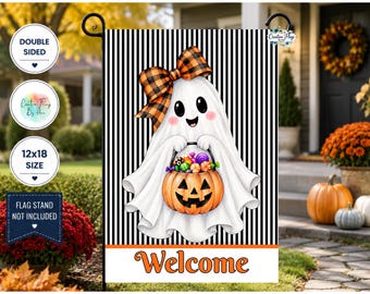 Halloween Garden Flag, Family Name ,Pumpkin Fall Decor, Welcome Sign For Halloween, Ghost Yard Flag, Outdoor Spooky Display, Trick or Treat