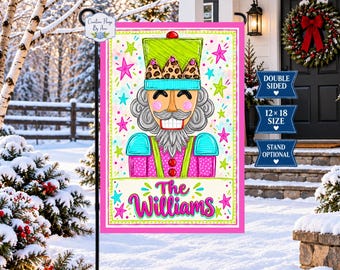 Whimsical Nutcracker Christmas Garden Flag, Personalized Holiday Yard Flag, Pink Blue  Christmas Decor, Double Sided 12x18