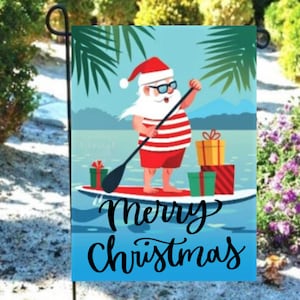 Christmas Garden Flag ,Santa Flag, Surfing Santa Flag, Christmas Beach flag, Tropical Santa Sign, Personalized Flags, Secret Santa Gift