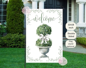 Green Topiary Welcome Garden Flag: Chinoiserie Bow, Spring Decor