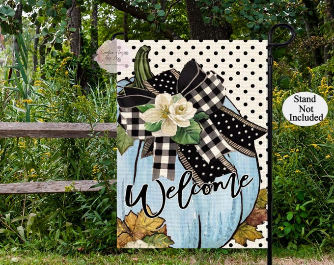 Welcome Fall Garden Flag, Polka Dot Pumpkin Garden Flag, Blue Pumpkin ...