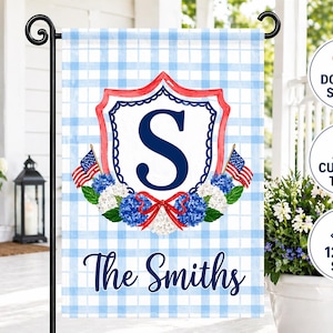 Personalized Patriotic Flag, Custom Crest Initial ,Patriotic Welcome Flag, American Flag Decor, July 4th Yard Flag, USA Banner, Hydrangea