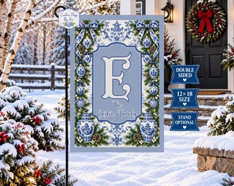 Personalized Chinoiserie Christmas Garden Flag, Blue and White Monogram Flag, Custom Initial Winter Garden Flag, Christmas Yard Decor
