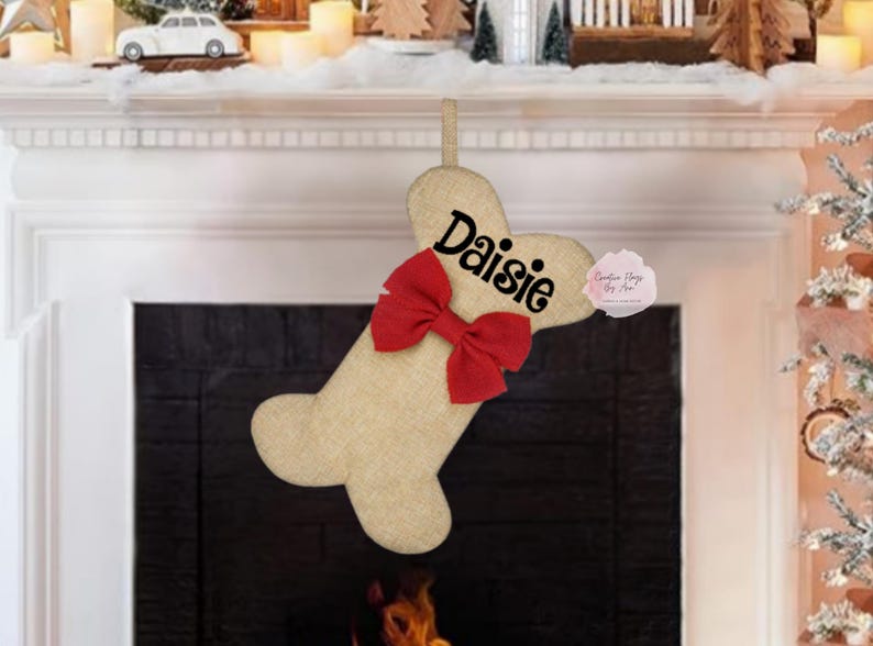 Dog Bone Stocking, Dog Christmas Stocking, Faux Burlap Stocking ,Personalized Dog Stocking ,Custom Pet Stocking, 15x8 Inch Dog Stocking image 4
