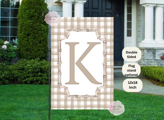 Monogram Initial Garden Flag, Checkered Personalized Yard Banner ,Espresso Brown Bamboo Frame