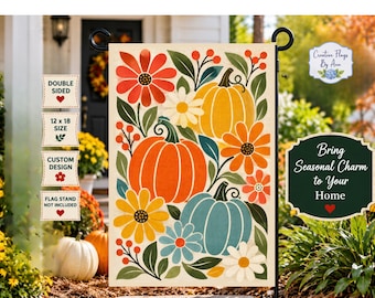 Boho Floral Fall Flag, Pumpkin Flag,  Pumpkin Season, Autumn Garden Flag, 12x18 Inch Double Sided, Fall Porch Decor, Thanksgiving Sign