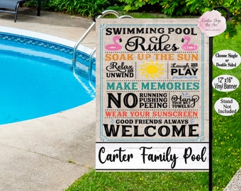 Pool Rules Garden Flag , Summer Pool Flag, VINYL Garden Flag, Coastal Yard Flag,  Beach Flag,  Lawn Decor, Backyard Swimming Pool Sign