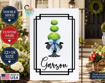 Personalized Topiary Garden Flag, Custom Name or Welcome Flag, Blue Bow Topiary, Elegant Front Porch Decor, 12x18 Double Sided Flag