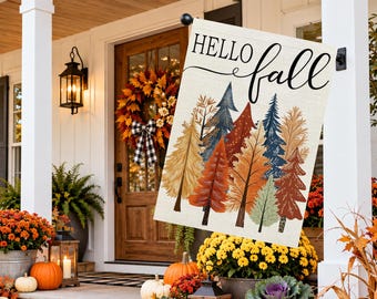 Hello Fall House Flag 28x40, Autumn Tree Yard Flag, Large Fall Porch Flag, Rustic Woodland Outdoor Flag, Fall Home Decor