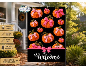 Fall Pumpkin Garden Flag with Pink Bows, Crochet Look Welcome Flag, 12x18 Double Sided Autumn Yard Decor, Harvest decor, Halloween Flag