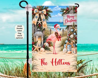 Christmas Flamingo Flag, Tropical Christmas Flag, Beachy Christmas ,Personalized Coastal Christmas Garden Flag,  12x18 inch Beach Holiday