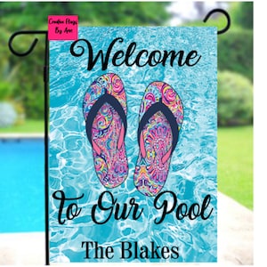 Pool Garden Flag , Summer Pool Flag, VINYL Garden Flag, Coastal Yard Flag,  Beach Flag, Welcome to Our Pool Flag, Backyard Lawn Decor