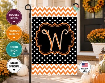 Personalized Fall Garden Flag, Orange Black Monogram Flag, Halloween Garden Flag, Custom Initial Yard Decor