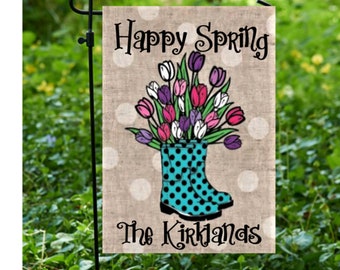 Happy Spring Rain Boot Tulip Garden Flag, Yard Flag, Floral, Tulips, Gardening, Springtime, Rain Boots, Personalized Flag, Spring Porch