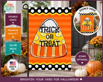 Trick or Treat Candy Corn Garden Flag | Halloween Yard Decor | Double Sided 12x18 Fall Flag