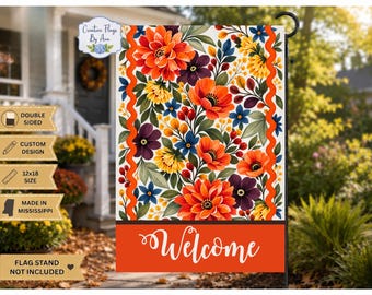 Personalized Fall Floral Garden Flag, Autumn Welcome Flag, Custom Name Sign, 12x18 Double Sided Porch Decor, Pumpkin Season, Autumn Flag,