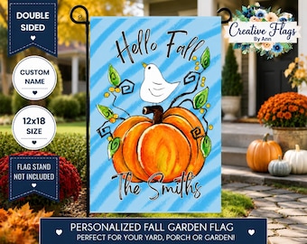 Personalized Hello Fall Pumpkin Bird Garden Flag | Custom Family Name Autumn Outdoor Yard Decor | Double Sided 12x18 Fall Porch Flag