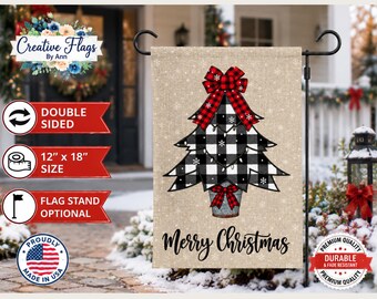 Buffalo Plaid Christmas Tree Garden Flag, Merry Christmas Outdoor Flag, Rustic Farmhouse Holiday Yard Decor, Double Sided 12x18
