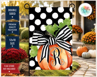 Personalized Pumpkin Garden Flag, Black White Polka Dot Fall Flag, Monogram Pumpkin Yard Decor, Fall Garden Flag