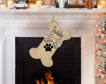 Personalized Dog Bone Christmas Stocking: Faux Burlap, Cotton/Linen Blend