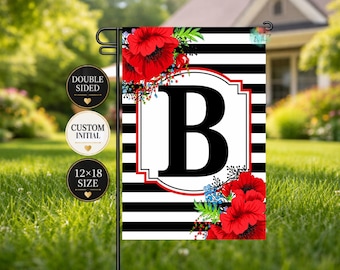 Personalized Monogram Garden Flag, Red Poppy Floral Initial Flag, Black White Stripe Custom Letter Yard Flag, Double Sided 12x18