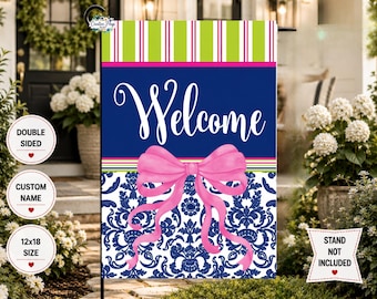 Custom Chinoiserie Garden Flag | Pink Bow Welcome Flag |  Family Name  | Preppy Blue & White Floral Outdoor Yard Decor | Double Sided 12x18