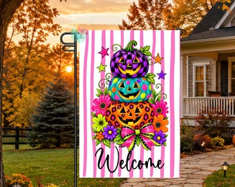 Halloween Garden Flag, Colorful Stacked Pumpkin Flag, Pink Halloween Decor, Jack O Lantern Yard Flag, Whimsical Fall Garden Decor
