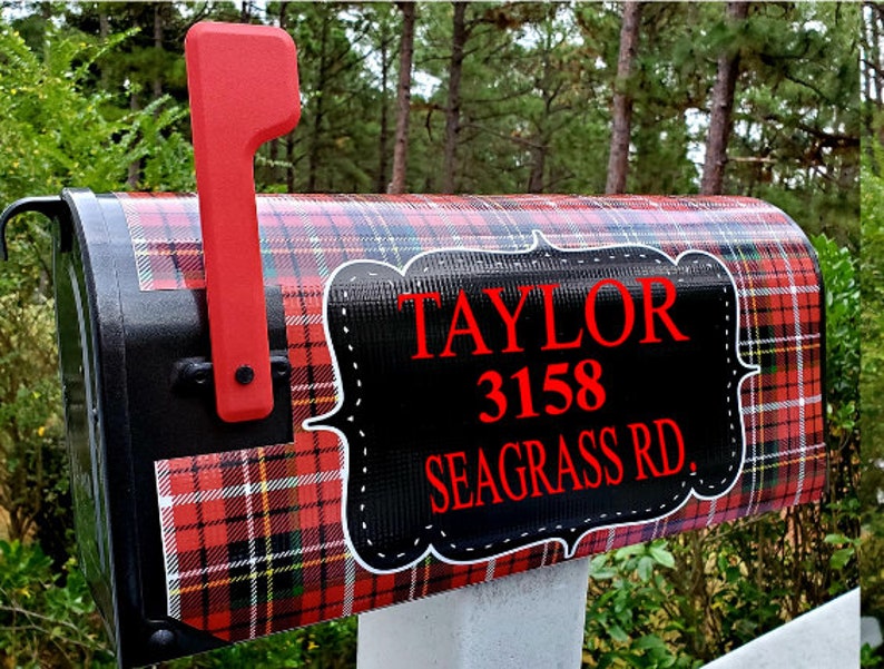 Mailbox Cover, Christmas Mailbox Cover, Plaid Mailbox Wrap, Personalized Name & Address Numbers, Vinyl Mailbox Wrap, Magnetic Mailbox Cover image 4