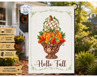 Personalized Fall Pumpkin Topiary Garden Flag, Hello Fall or Family Name, 12x18 Double Sided Autumn Porch Flag, Fall Welcome Flags