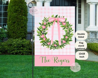 Personalized Valentine Garden Flag: Preppy Heart, Double Sided, Pink Plaid, Valentine Wreath, Pink Hearts , Custom Valentine