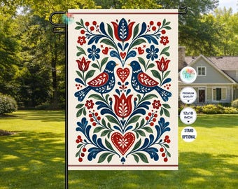 Scandinavian Folk Art Garden Flag, Nordic Bird Floral Flag, Red Blue Folk Art Decor, Swedish Style Garden Flag, 12x18 Yard Flag