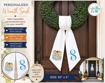 Personalized Fall Wreath Sash, Chinoiserie Pumpkin Monogram Wreath Bow, Blue & Orange Autumn Front Door Decor, 56x5 Inch Sash,
