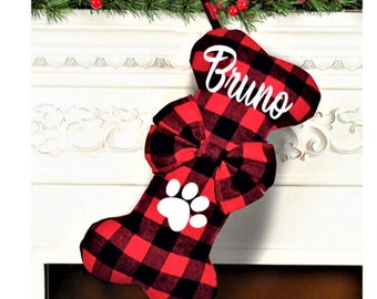 Personalized Dog Bone Christmas Stocking: Plaid Pet Stocking