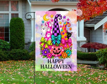 Halloween Garden Flag, Colorful Halloween Flag, Witch Hat Ghost Flag, Happy Halloween Yard Decor, Halloween Flag, Whimsical Fall Decor