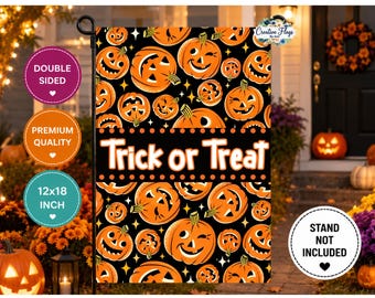 Personalized Halloween Garden Flag, Trick or Treat Pumpkin Flag, 12x18 Double Sided Halloween Yard Decor, Custom Name Welcome Fall Flag