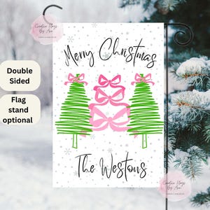 Christmas Tree Flag with Pink Bows , Christmas Garden Flag , Holiday Party Flag , Patio Flag ,  Preppy Christmas, Personalized Gifts, Custom