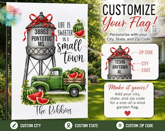 Water Tower Flag,Personalized Watermelon Garden Flag, Life Is Sweeter in a Small Town , Custom Name Summer Flag, Double Sided 12x18 Banner