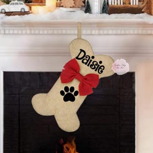 Dog Bone Stocking, Dog Christmas Stocking, Faux Burlap Stocking ,Personalized Dog Stocking ,Custom Pet Stocking, 15x8 Inch Dog Stocking image 1