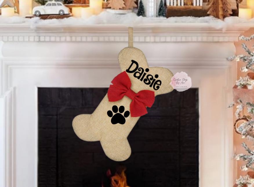 Dog Bone Stocking, Dog Christmas Stocking, Faux Burlap Cat Stocking ,Personalized Dog Stocking ,Custom Pet Stocking, 15x8 Inch Dog Stocking