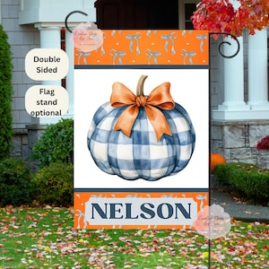 Preppy Chinoiserie Pumpkin Flag , Personalized Fall Flag,  Halloween Thanksgiving  Decor, Grandmillennial, Blue Pumpkin with Bow