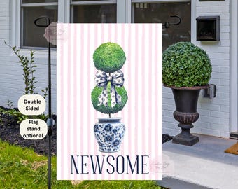 Chinoiserie Garden Flag, Custom Topiary Flag, Blue Ginger Jar Door Hanger, Preppy Bow ,Spring Garden Decor, Outdoor Porch Sign, Front Door