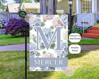 Blue Hydrangea Garden Flag , Preppy Floral, Monogram Flag, Front Door Hanger, Outdoor Patio ,Porch Decor, Welcome Sign, Custom Flag