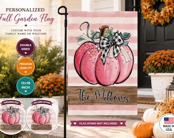 Personalized Pink Pumpkin Garden Flag, Pink Fall Welcome Flag, Custom Name Autumn Porch Decor, Black Check Bow, Double Sided 12x18 Flag