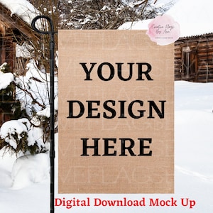 Burlap Garden Flag Fence Background, Winter Flag Mock Up, 2 Files ,JPEG/PNG Instant Digital Download File, Blank Garden Flag Mockup